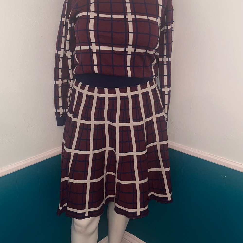 Eloquii Burgundy and White Plaid Knit Skirt Set